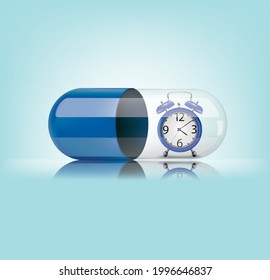 Medical blue capsule with clock  on blue background. Vector illustration