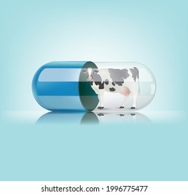 Medical blue capsule with cow  on blue background. Vector illustration