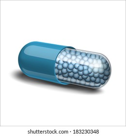 Medical blue capsule with granules on white background. Vector illustration