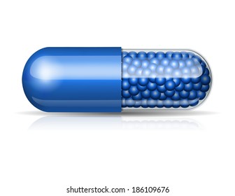 Medical blue capsule with granules on white background. Vector illustration