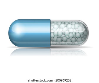 Medical blue capsule with granules on white background. Vector illustration