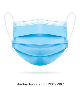 Medical blue face mask, realistic vector illustration. Covid-19 protection surgical three ply mouth mask with shadow, isolated on white. Disease and pollution protective mask for personal health safety.