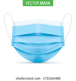 Medical blue face mask, vector illustration. Virus protection surgical mask, standing on a white background in a front view. Disease protective disposable mask with elastic ear loop band.