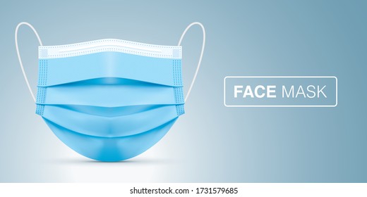 Medical blue face mask, vector illustration. Virus protection surgical mask, standing on gray gradient background in a front view. Disease protective disposable mask with elastic ear loop band.