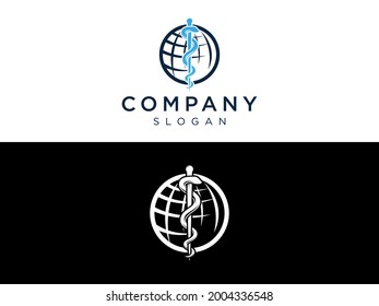 Medical Blue snake vector icon, Rod of Asclepius with world logo on white background and black background