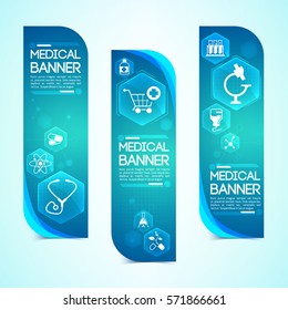 Medical blue vertical banners set with medicine and healthcare symbols flat isolated vector illustration