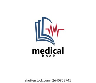 medical book, medical education logo, abstract book with red health line, logo design inspiration