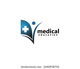 medical book, medical education logo, blue book with abstract people raising hands logo design inspiration