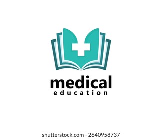 medical book, medical education logo, open book with shadow plus medical in the middle, logo design inspiration