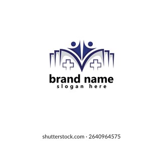 
medical book, medical education logo, open book with two people raising hands logo design inspiration