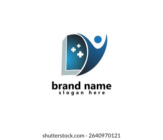 medical book, medical education logo, book with person raising hand logo design inspiration