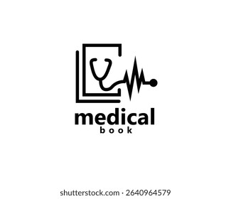 
medical book, medical education logo, stethoscope in a lined book logo design inspiration