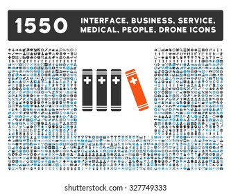 Medical Books and other web interface, business tools, people poses, medical service vector icons. Style is flat symbols, bicolored, rounded angles, white background.
