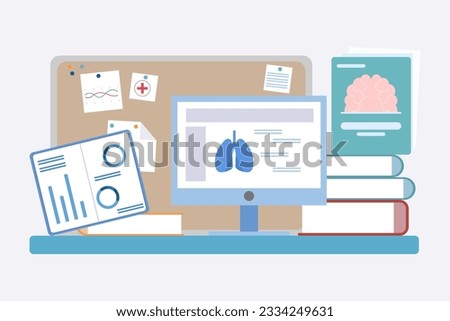 Medical books and resources on table vector illustration. Doctor desk with anatomy textbooks, medical journals and computer with clinical record on screen. Medicine, education concept