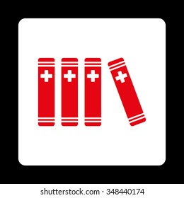 Medical Books vector icon. Style is flat rounded square button, red and white colors, black background.
