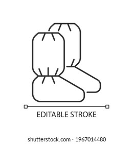 Medical boot covers linear icon. Protective wear from dangerous contamination. Disposable PPE. Thin line customizable illustration. Contour symbol. Vector isolated outline drawing. Editable stroke