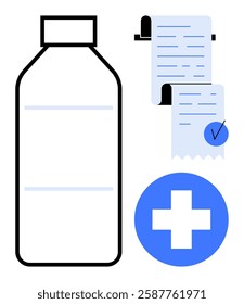 Medical bottle beside a checklist and a blue cross symbol Ideal for pharmacy, healthcare, medication, prescriptions, and medical records themes Simple line art style, clean and functional