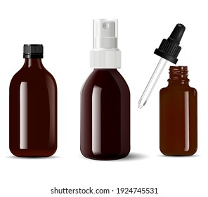 Medical bottle brown glass. Cosmetic container, 3d vector isolated on white. Small serum dropper vial mockup. Essence spray aerosol packaging. Apothecary bottle blank, beauty packaging