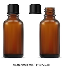 Medical Bottle. Brown Glass Pharmacy Bottle. Realistic Drug Vial Blank. Vitamin Jar Template with Screw Lid Design. Essential Aromatic Oil Container Mockup without Label. Round Medicine Storage