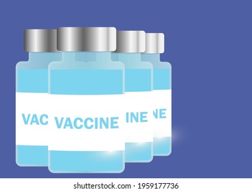 Medical bottle with coronavirus vaccine. Blue realistic vial with medical liquid. Vaccination from coronavirus. Immunization concept. Set of vaccine bottles. Vector illustration

