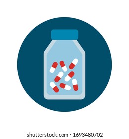 medical bottle drugs with capsules block and flat style vector illustration design