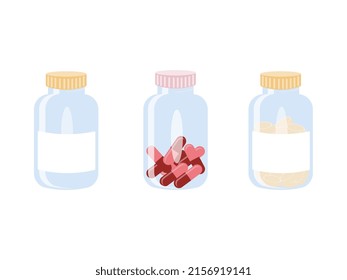 A medical bottle with a label, cabbage, pills. Flat vector illustration.