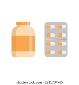 A medical bottle with a label and orange pills. Vector illustration design for medicine and pharmacy