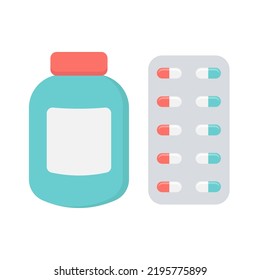 Medical bottle with label and pills flat icon isolated on white background. Vector illustration.
