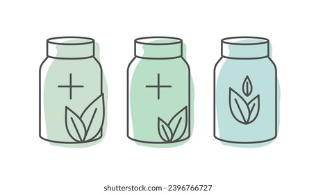 Conjunto de iconos de la línea de botellas médicas. Concepto de medicina herbaria.