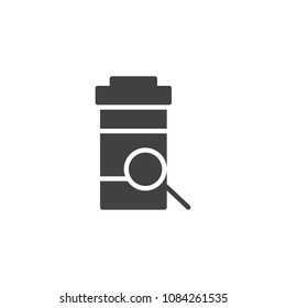 Medical bottle with magnifying glass vector icon. filled flat sign for mobile concept and web design. analysis simple solid icon. Symbol, logo illustration. Pixel perfect vector graphics