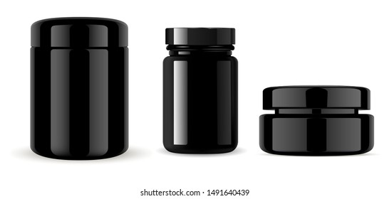 Medical Bottle Mockup. Black Glass Container, Cosmetic Cream Jar. Pharmaceutical Product Packaging Design, Isolated on White Background. Clear Drug Vial and Tube without Label. Realistic Bottles Set