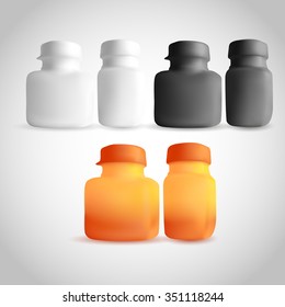 Medical bottle on white background. White and black plastic bottle mock-up, cardboard packaging. Medicine and vitamins, examples and templates isolated. Yellow and orange color. 