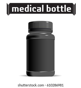 Medical Bottle. Pharmacy. Template Of Small Black Plastic Bottle. For Medical Ointment, Pills, Tabs. Packaging. Vector Illustration.