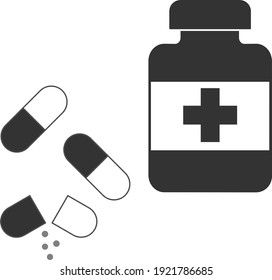 Medical bottle with tablets-capsules. Isolated vector image on a white background. Healthcare and medici