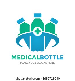 Medical bottle vector logo template. This design use cross or plus symbol. Suitable for health business.