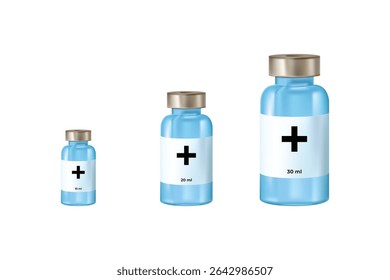Frascos médicos com líquido azul e etiqueta de sinal de adição. Ideal para projetos de vacinas, medicamentos e produtos de saúde.
