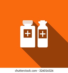 Medical bottles flat icon with long shadow. Vector Illustration