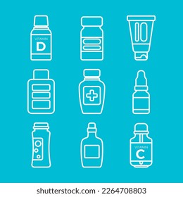 Medical Bottles with medicines and vitamins. White Linear Icons. Isolated elements on a blue background. Vector illustration.