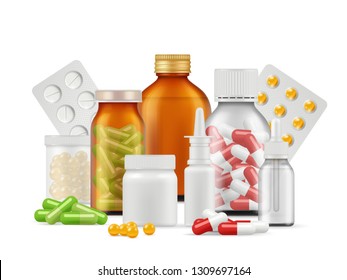 Medical Bottles And Pills. Medications Aspirin Antibiotic Drugs Tablets Vector Realistic Health Care Concept