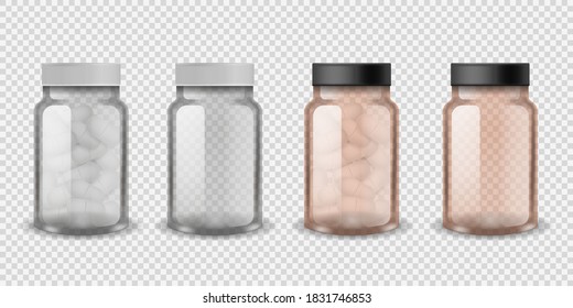 Medical bottles. Realistic plastic pill full and empty bottle set, vitamin capsule in transparent container front view, antibiotic or painkiller pharmacy drug packaging mockup vector isolated template