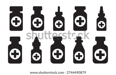 Medical Bottles and Vials Icon Set with Cross Symbol, Pharmacy and Healthcare Treatment Black Silhouettes.