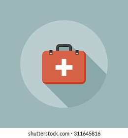 Medical box flat icon with white cross emblem. Vector illustration