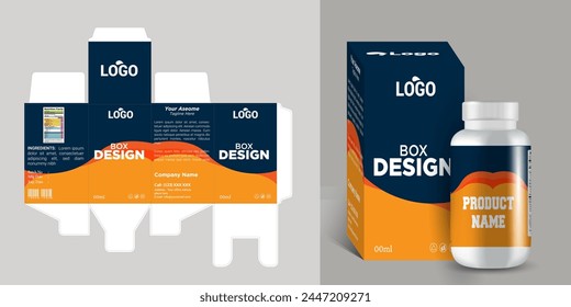 medical box label design and white box with a clear plastic a white bottle inside it. vector eps