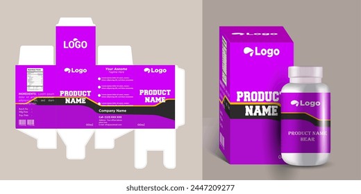 medical box label design and white box with a clear plastic a white bottle inside it. vector eps