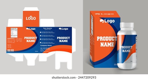 medical box label design and white box with a clear plastic a white bottle inside it. vector eps