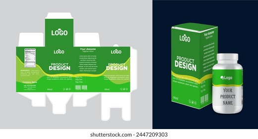 medical box label design and white box with a clear plastic a white bottle inside it. vector eps