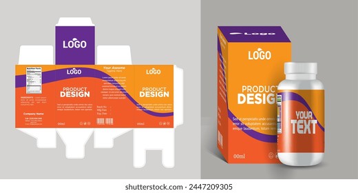 medical box label design and white box with a clear plastic a white bottle inside it. vector eps