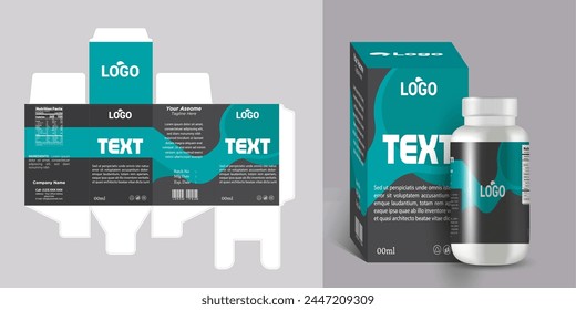 medical box label design and white box with a clear plastic a white bottle inside it. vector eps