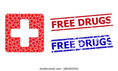 Medical box star mosaic and grunge Free Drugs stamps. Red and blue imprints with distress style and Free Drugs caption. Abstract medical box mosaic is designed with random flat star parts.