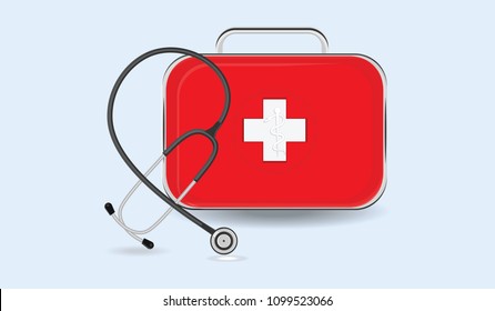 Medical box and stethoscope - flat style - vector. The concept of first aid